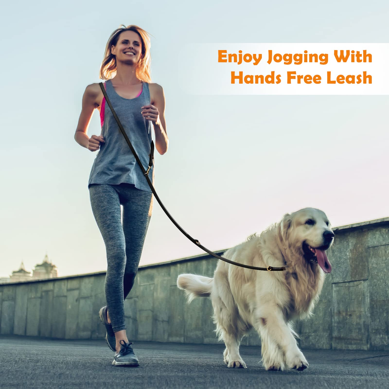 Guiding Star 8ft Leather Dog Leash - Multi-function Hands-Free Crossbody Leash for Small, Medium, Large Dogs - Black